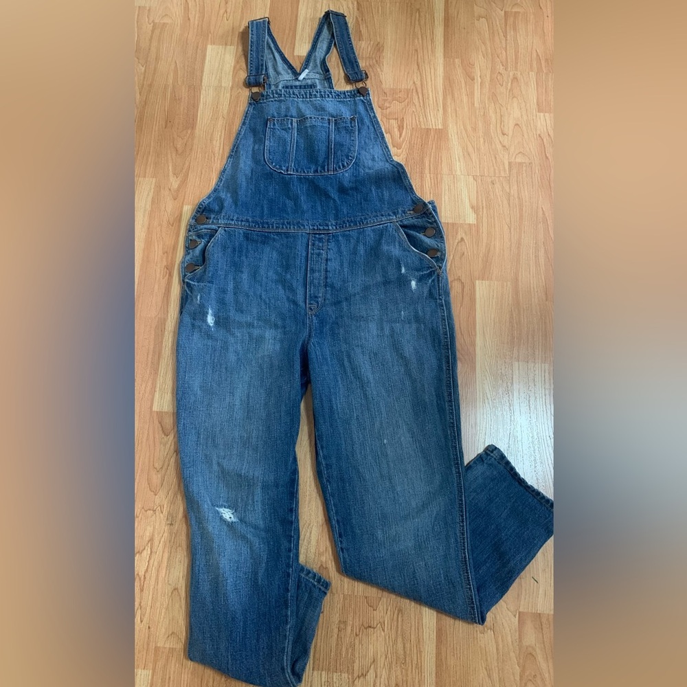 Ann Taylor Loft Distressed Blue Jean Denim Overalls 
Size L